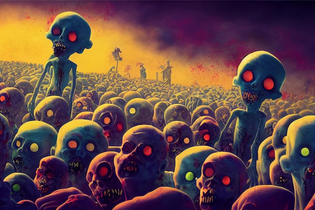 Zombies horde after outbreak cartoon style3d illustration