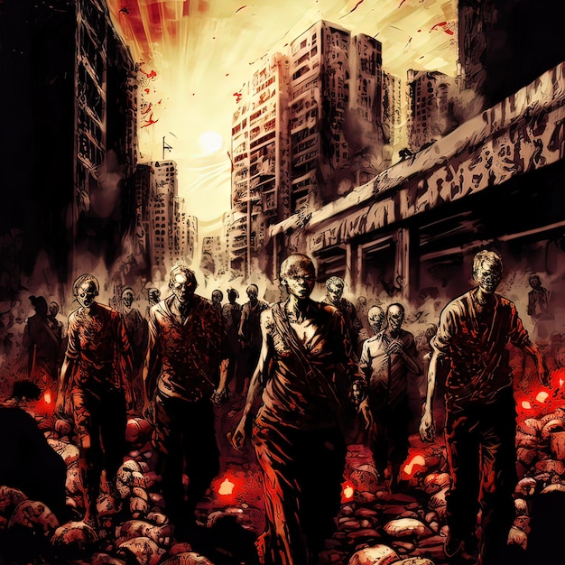 Zombies horde in ruined city after an outbreak Portrait of a scary zombies Digital art style illustration painting