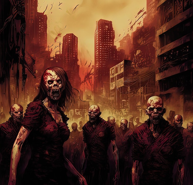Орда зомби в разрушенном городе после вспышки Портрет страшных зомби Иллюстрация в стиле цифрового искусства