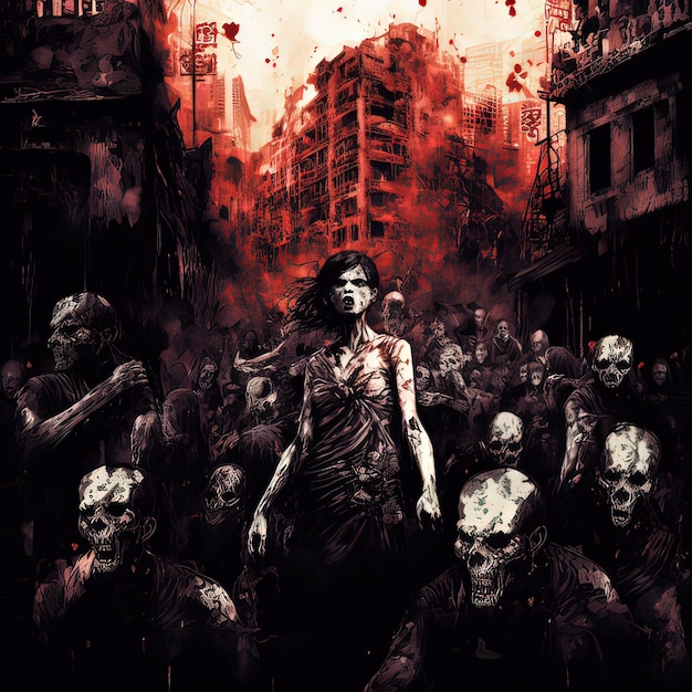 Foto orda di zombi in città in rovina dopo un'epidemia ritratto di uno spaventoso zombi pittura illustrativa in stile arte digitale