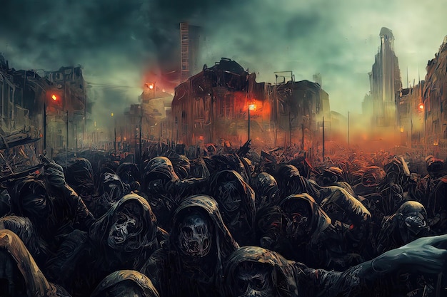 Zombies horde in ruined city after an outbreak Portrait of a scary zombies Digital art style illustration painting