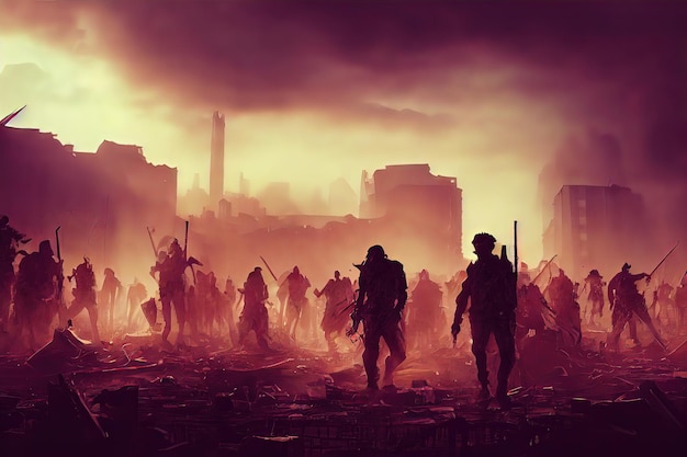 Zombies horde in ruined city after an outbreak Portrait of a scary zombies Digital art style illustration painting