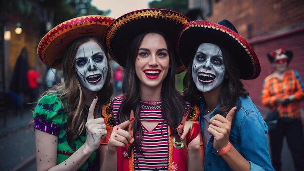 Foto zombies in mexicaanse kostuums die geluk uitdrukken.