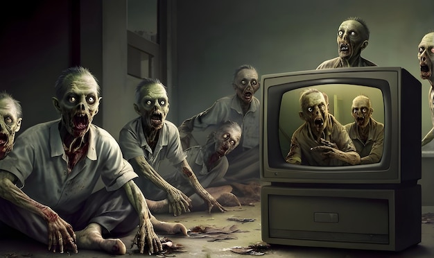 Photo zombies watching the tv propaganda