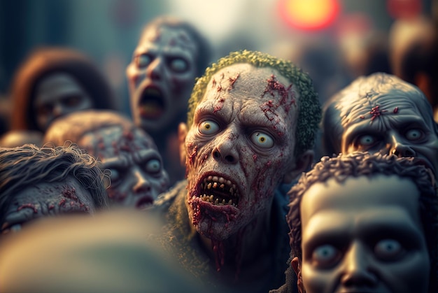 Foto zombie con facce spaventose tra la folla durante l'apocalisse di zombi tema horror per halloween o annuncio di una festa di gioco ai generato