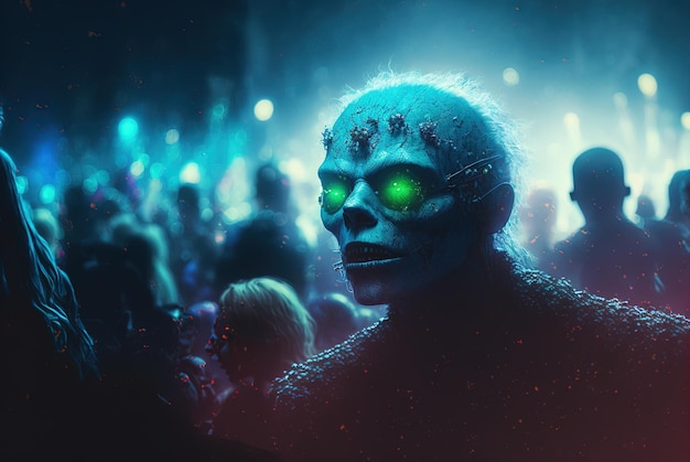 Zombie con facce spaventose tra la folla durante l'apocalisse di zombi tema horror per halloween o annuncio di una festa di gioco ai generato