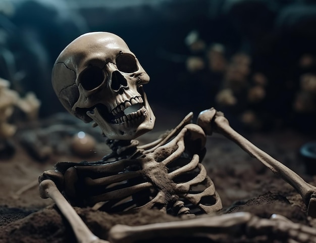 Zombieskelet dat 's nachts oprijst uit graf op begraafplaats Generatieve AI-illustratie