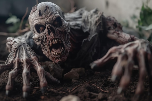 Zombieskelet kruipt uit de grond halloween horror generatieve ai