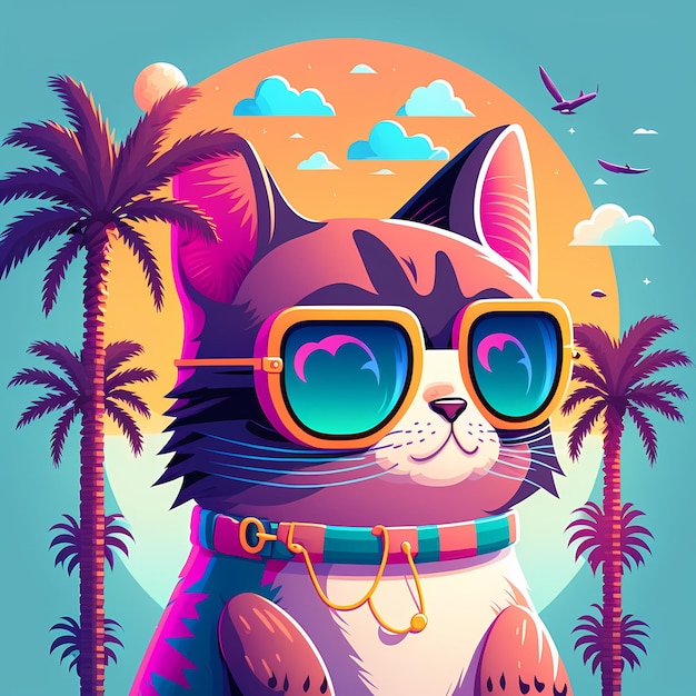 zomer achtergrond kat met zonnebril met strand en palmbomen