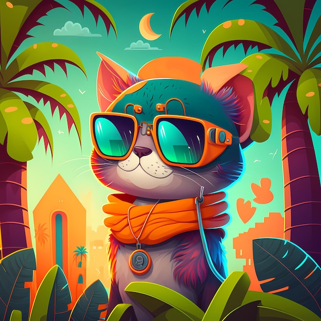 zomer achtergrond kat met zonnebril met strand en palmbomen