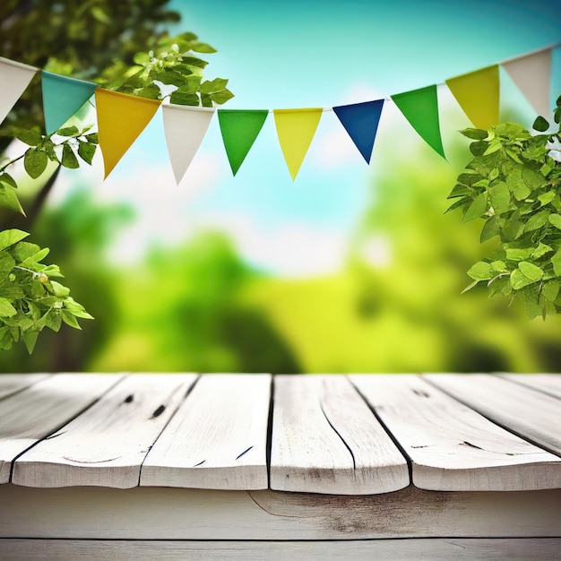 Zomer achtergrond met houten tafel groene bladeren en Bunting generatieve AI