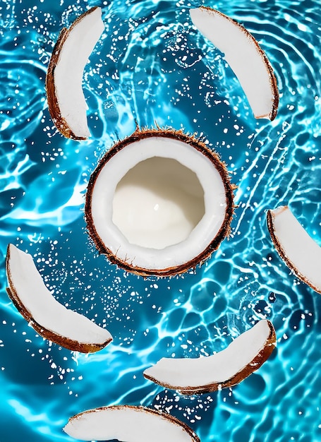Foto zomer achtergrond met kokosnoten op water achtergrond met water spetteringen creatieve zomer achtergrond