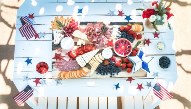 Foto zomer achtertuin feest met patriottische charcuterie bord