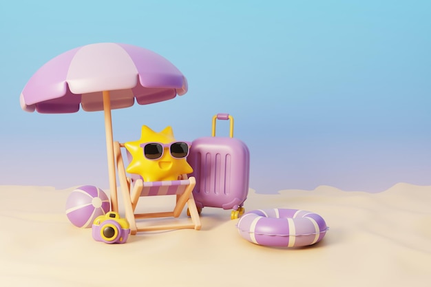 Zomer actueel strand op een zonnige dag vakantie met de zon zittende stoel en zomer elementen 3D