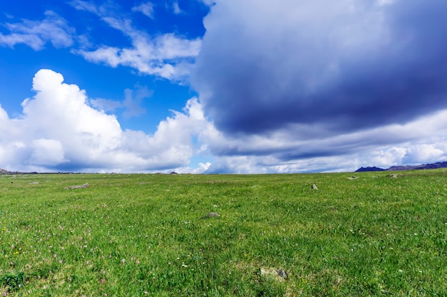 Foto zomer arctisch landschap - met gras begroeide rotsachtige toendra onder een blauwe lucht met wolken