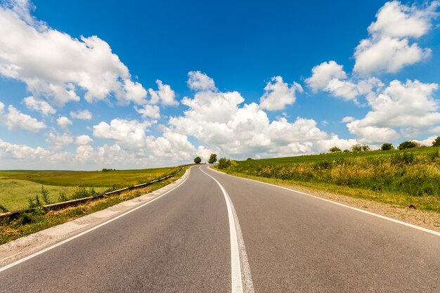 Zomer asfaltweg. Mooie gele weg tussen velden landschap.