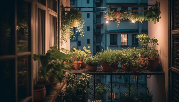 Zomer balkon decor groene bladeren bloemen en veelkleurige lantaarns verlichten stadsbeeld gegenereerd door kunstmatige intelligentie