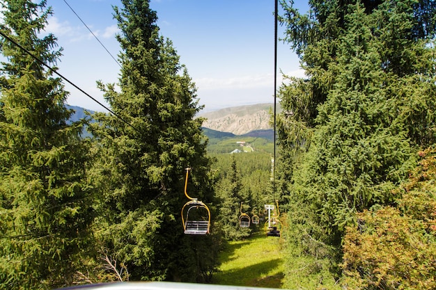 Zomer berglandschap hoog in de bergen Hoge bomen van kerstbomen skilift bij de skibasis