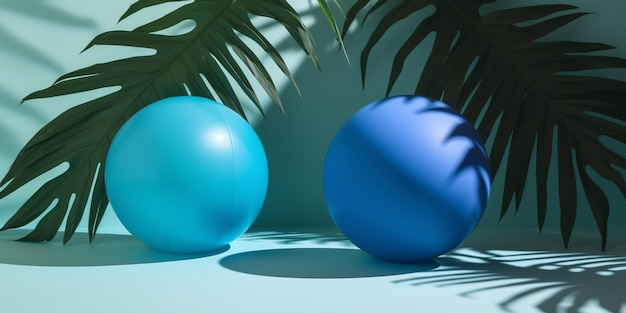 Zomer blauwe oppervlakte ballen in abstracte stijl op blauwe achtergrond Jungle gebladerte illustratie Palmboom blad textuur Water achtergrond Mooie zomerse exotische tropische natuur achtergrond