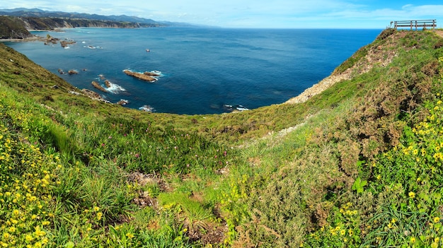 Zomer bloeiende cape vidio kustlijn landschap (kust van asturië, cudillero, spanje). vier opnamen naaien een panorama met hoge resolutie.