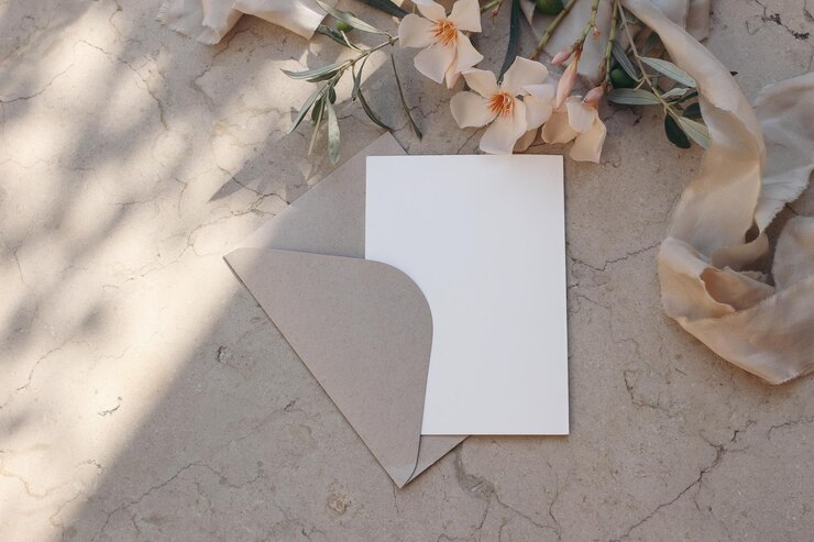 Zomer bruiloft briefpapier stilleven wenskaart uitnodiging mock up ambachtelijke envelop abrikoos oleander bloemen olijfboom takken en lint beige marmeren achtergrond mediterrane flatlay top
