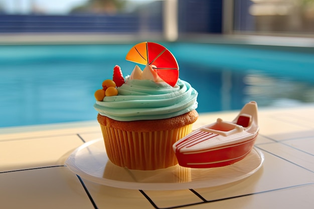 Zomer cupcake met zwembad intreepupil achtergrond AI generatief