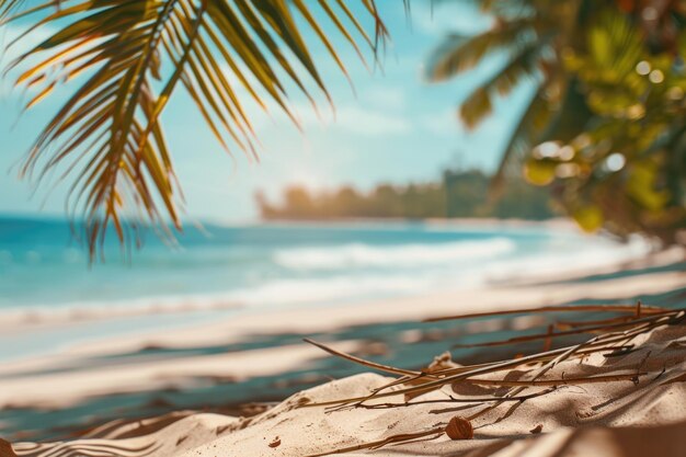 Zomer exotisch zandstrand met vage palmen en zee op de achtergrond