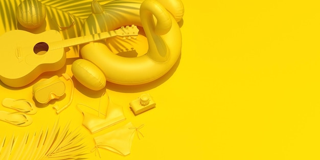 Zomer feestelijke gele achtergrond Flamingo opblaasbaar speelgoed gitarencuba duiken brillensandalenfilm cameraballenzonnebrilbikini 3D-rendering illustratie