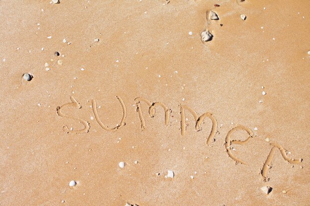 Zomer geschreven in het zand met schelpen