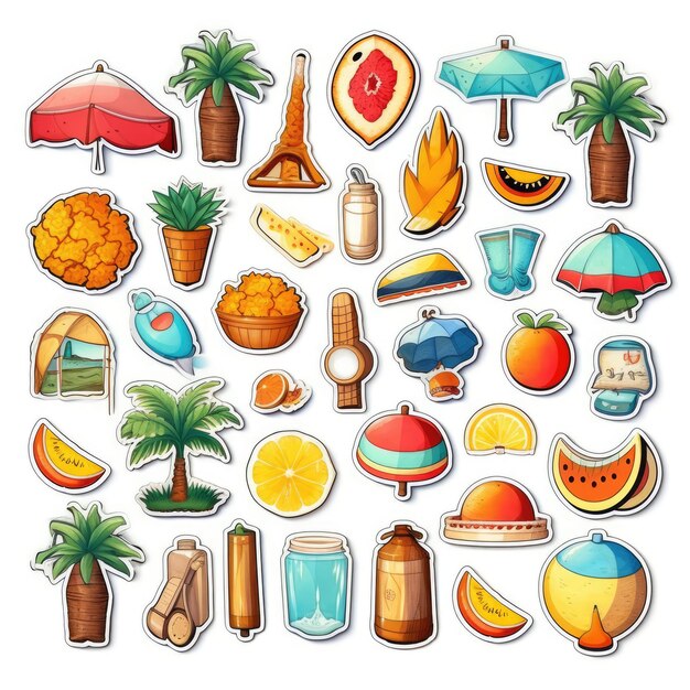 Foto zomer iconen set sticker zeer gedetailleerde witte achtergrond