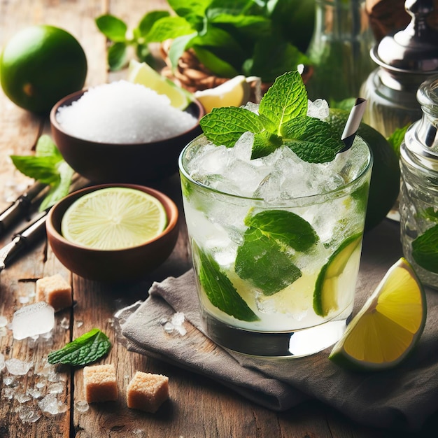 Zomer ijsdrank mojito cocktail op rustieke tafel Ingrediënten voor het maken van mojito limoen en rietsuiker