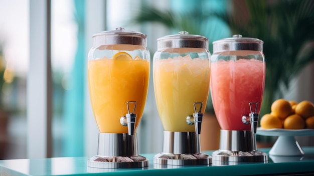 Foto zomer koel slush of smoothie ijskoude vruchtensap dispenser voor verfrissende dranken in veelkleurige containers
