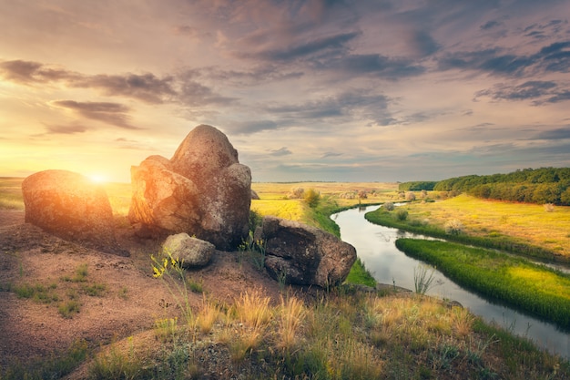 Zomer landschap in de prachtige steppe bij zonsondergang