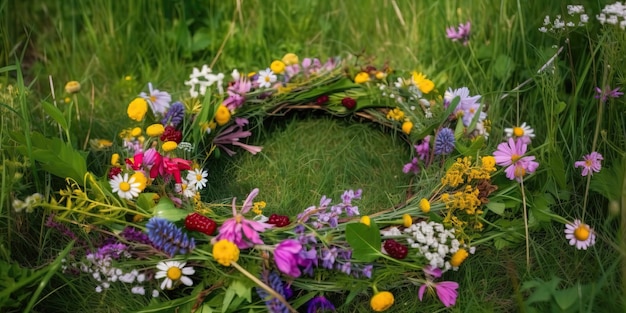 Zomer landschap van een krans van bloemen op de grassColorful zomer sjabloon Concept van recreatie Generatieve AI