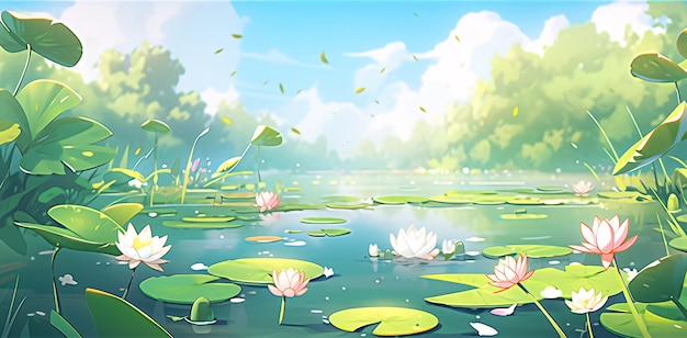 Zomer lotus en bladeren cartoon kleine frisse landschap illustratie van zonne-termen in de zomer