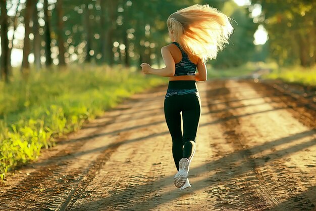 Foto zomer meisje hardlopen natuur / jong volwassen atletisch slank meisje joggen, natuur, versheid schoonheid zomer