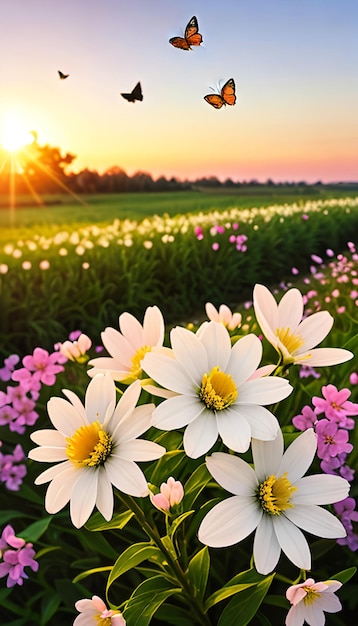Zomer natuur achtergrond met bloeiende witte bloemen en vlieg vlinder tegen zonsopgang zonlicht