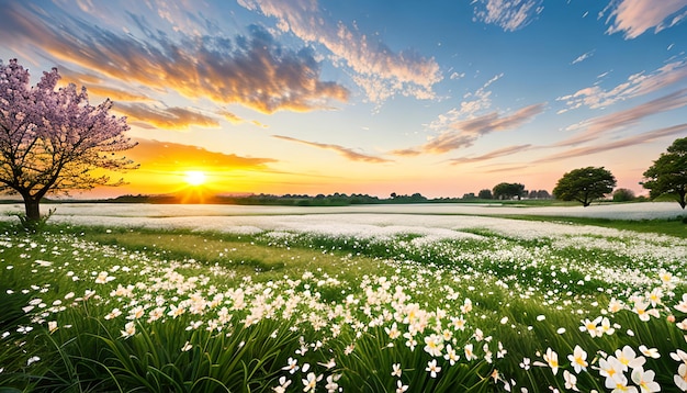 Zomer natuur achtergrond met bloeiende witte bloemen en vlieg vlinder tegen zonsopgang zonlicht