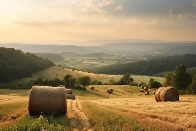 Zomer panoramisch natuurlijk landschap Weiden heuvels hooibalen AI gegenereerde illustratie