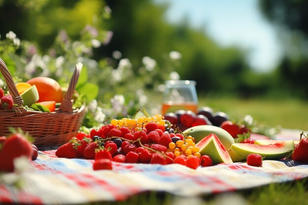 Zomer picknick met vers fruit en picknick deken