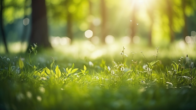 Zomer Prachtige lente perfecte natuurlijke landschapsachtergrond Intreepupil groene bomen in het bos met wild gras en zonnestralen