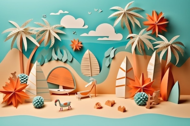 Zomer reizen vakantie strandvakantie concept Retro papieren kunst collage Generatieve AI