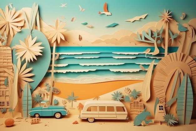 Zomer reizen vakantie strandvakantie concept Retro papieren kunst collage Generatieve AI