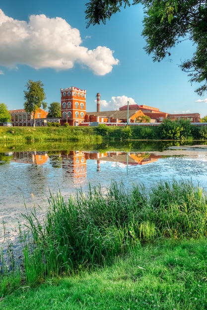 Zomer rivier met een papierfabriek aan de kust