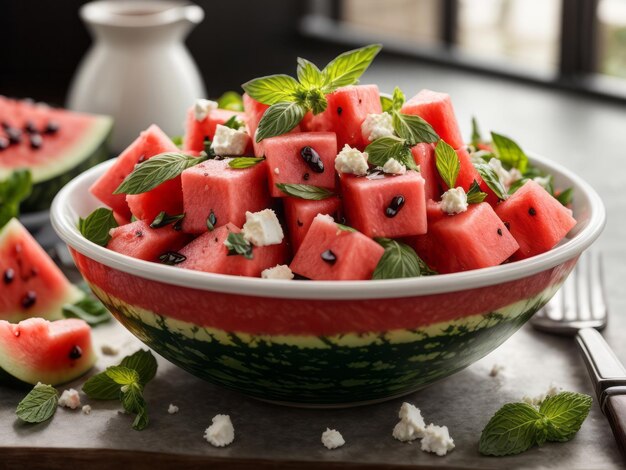 Foto zomer salade met gemengde groenten sappige watermeloen kubussen gebroken feta kaas