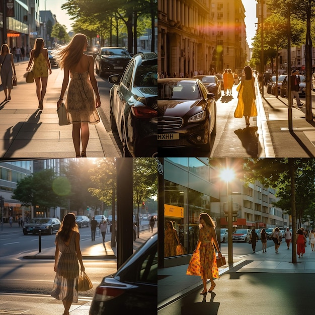 zomer stad straatbeeld mensen lopen vitrines en ramen bouwen lichtreflectie autoverkeer