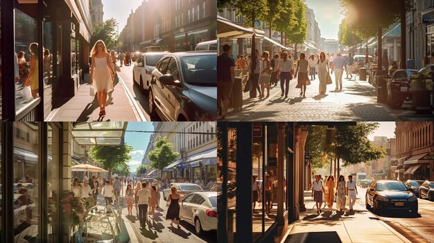 zomer stad straatbeeld mensen lopen vitrines en ramen bouwen lichtreflectie autoverkeer