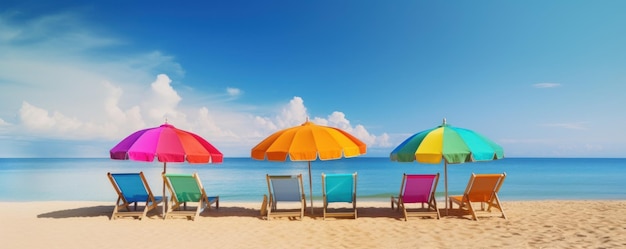 Zomer Stoelen en parasols op tropische zee en strand met blauwe hemelachtergrond Generatieve AI