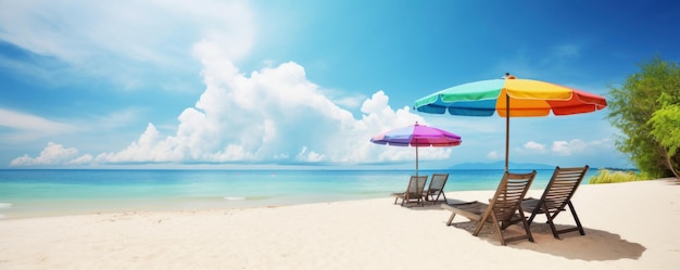 Zomer Stoelen en parasols op tropische zee en strand met blauwe hemelachtergrond Generatieve AI