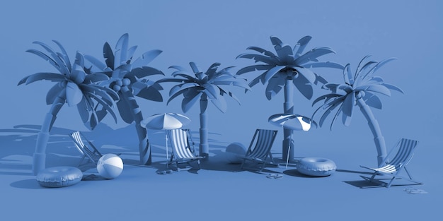 Zomer strand concept met palmbomen strandstoelen parasols en opblaasbaar strand speelgoed kopieer ruimte 3d illustratie